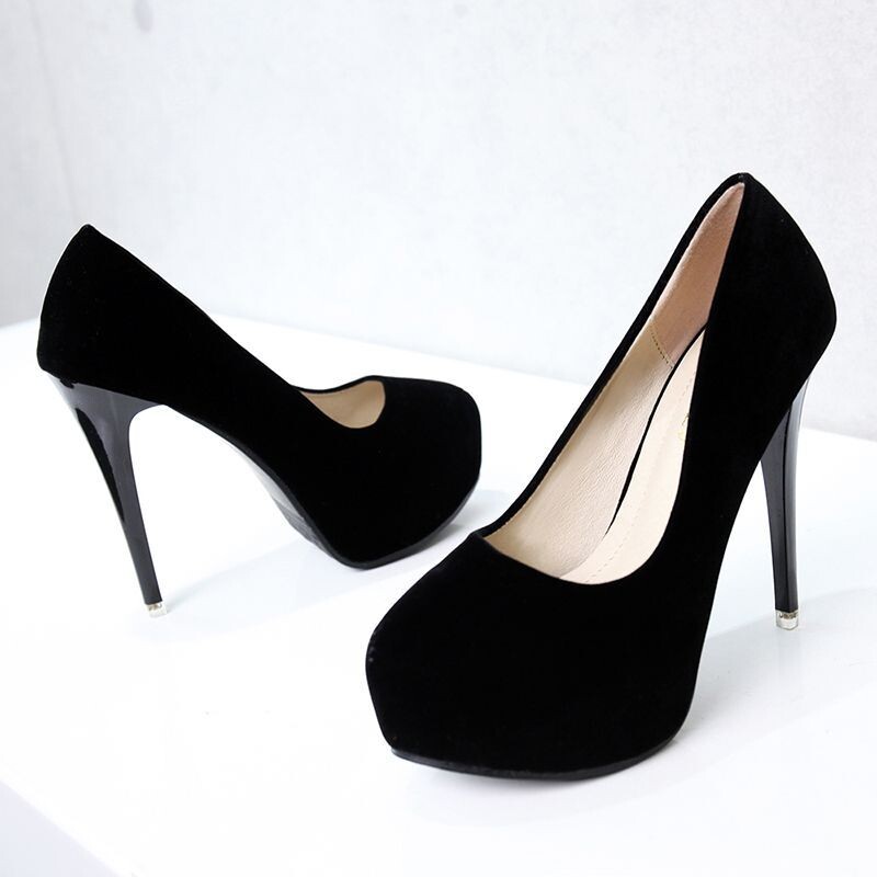 Moteriški aukštakulniai aukštakulniai vandeniui atspari platforma, juodi zomšiniai 12 cm europietiški ir amerikietiški madingi naktinio klubo batai