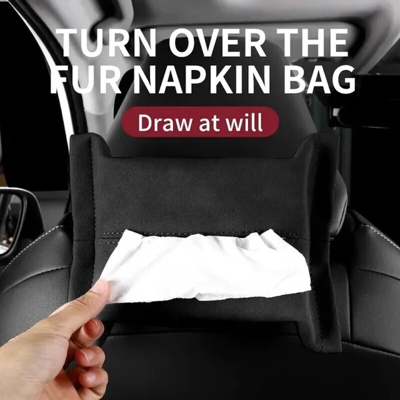 Automobilinis servetėlių dėžutės laikiklis iš zomšos odos su tvirtinimo dirželiu, skirtas naudoti tokiose automobilių srityse kaip konsolė, porankis ir kt.