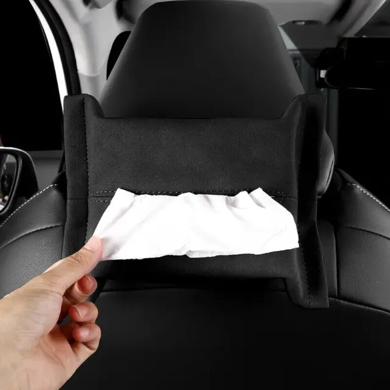 Automobilinis servetėlių dėžutės laikiklis iš zomšos odos su tvirtinimo dirželiu, skirtas naudoti tokiose automobilių srityse kaip konsolė, porankis ir kt.