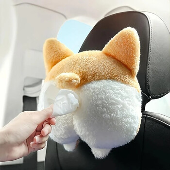 Сладко Corgi Car Tissue Box Висяща анимационна хартиена кутия Аксесоари за кола Tisue Bag Органайзер Автомобилна декорация Съхранение на автомобили