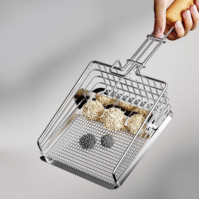 Kaķu pakaišu lāpsta nerūsējošā tērauda koka rokturis, viegli rūsējams, mazgājams kaķēnu pakaišu lāpsta kaķiem tualetes tīrīšanas lāpstas rīks