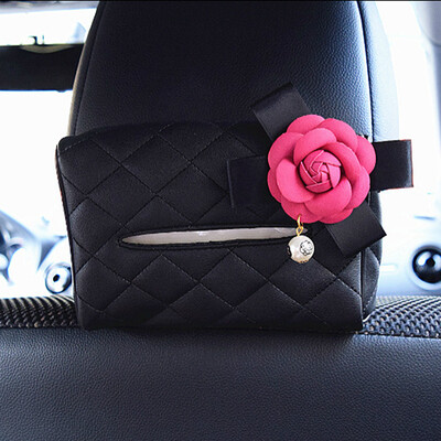 1 vnt Pearl Camellia gėlių automobilio sėdynės nugarėlė pakabinamas audinių dėžutės laikiklis krištolinis PU odinis popierinis bokšto laikiklis su gėle