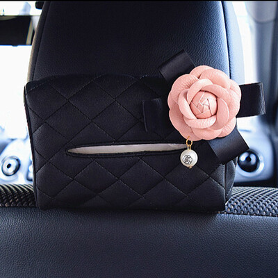 1 vnt Pearl Camellia gėlių automobilio sėdynės nugarėlė pakabinamas audinių dėžutės laikiklis krištolinis PU odinis popierinis bokšto laikiklis su gėle