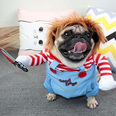 Animalele de companie de Halloween de Crăciun îmbracă o păpușă mortală diavolul ucigaș într-un set de peruci costum pentru animale de companie decorațiuni amuzante drăguțe pentru pisici și câini