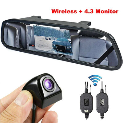 QueenDer bezvadu 4,3 collu automašīnas spoguļa monitors + aizmugurējā skata sānu atpakaļgaitas HD kameras komplekts