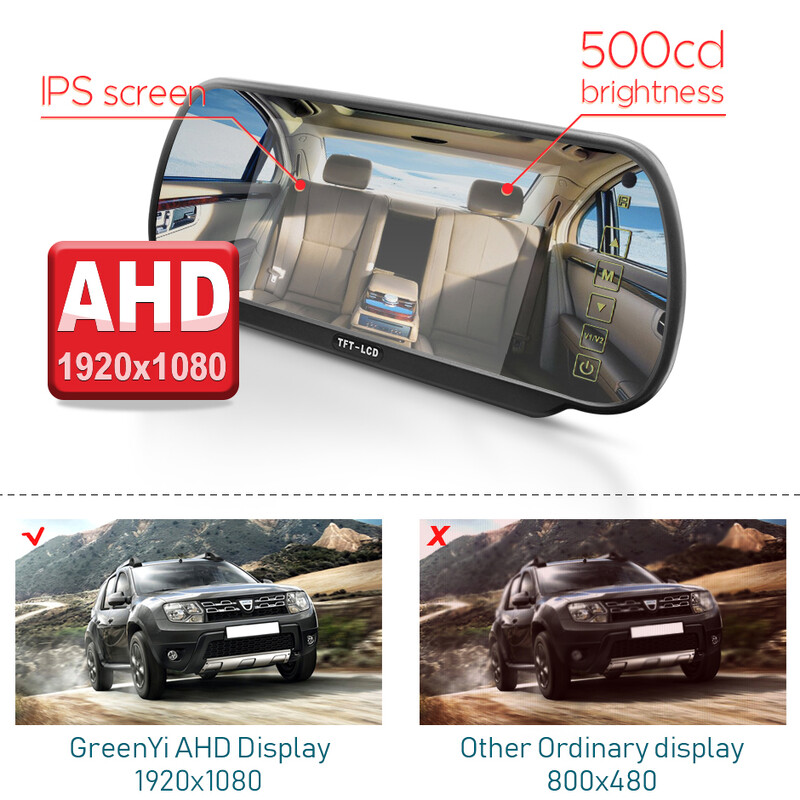 HD AHD 7 colių 12V–36V transporto priemonės galinio vaizdo veidrodžio parkavimo monitorius su 170° 1080P AHD atbulinės eigos kameros didelės raiškos veidrodžiu