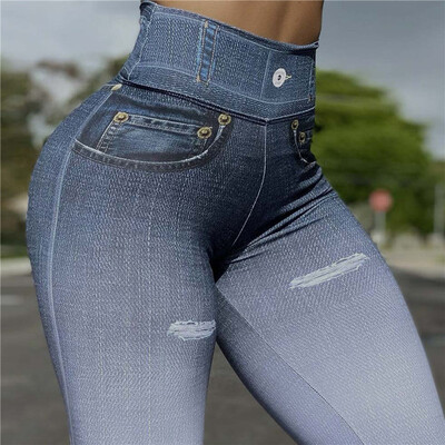 Pantaloni de yoga din denim cu imprimeu pentru femei, blugi sport casual, jambiere, pantaloni elastici, subțiri, cu talie înaltă, îmbrăcăminte de fitness, haine de gimnastică