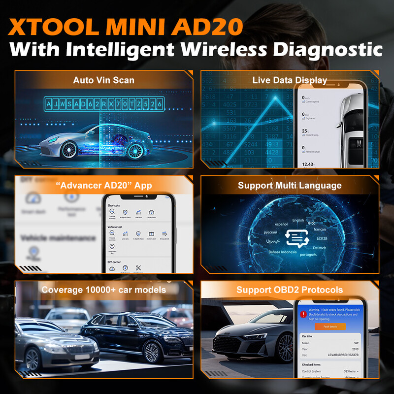 XTOOL Advancer AD20 Mini Bluetooth 5.0 Scaner OBD2 Funcții complete obd2 Instrument de scanare pentru diagnosticare auto Citiți/Șterge codul de eroare Universal