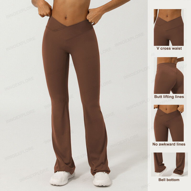 Moterų Yoga Flare Kelnės Didelio dydžio Bell Bottom Kelnės Sportinės Besiūlės V Cross High Waist Treniruotės Sportiniai Apranga Sporto Kelnės Sporto Kelnės
