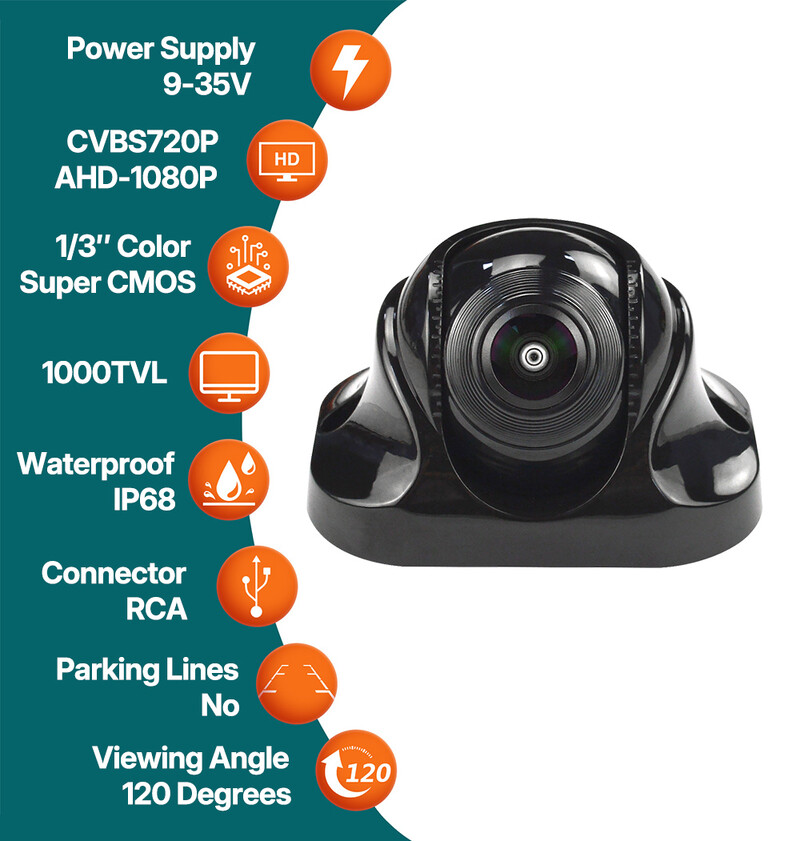 Automobilio AHD 1080P šoninio tvirtinimo atbulinės eigos kamera su naktinio matymo universalaus tvirtinimo atsarginėmis kameromis 9–35 V, skirta sunkvežimiams RV, priekaboms, furgonams