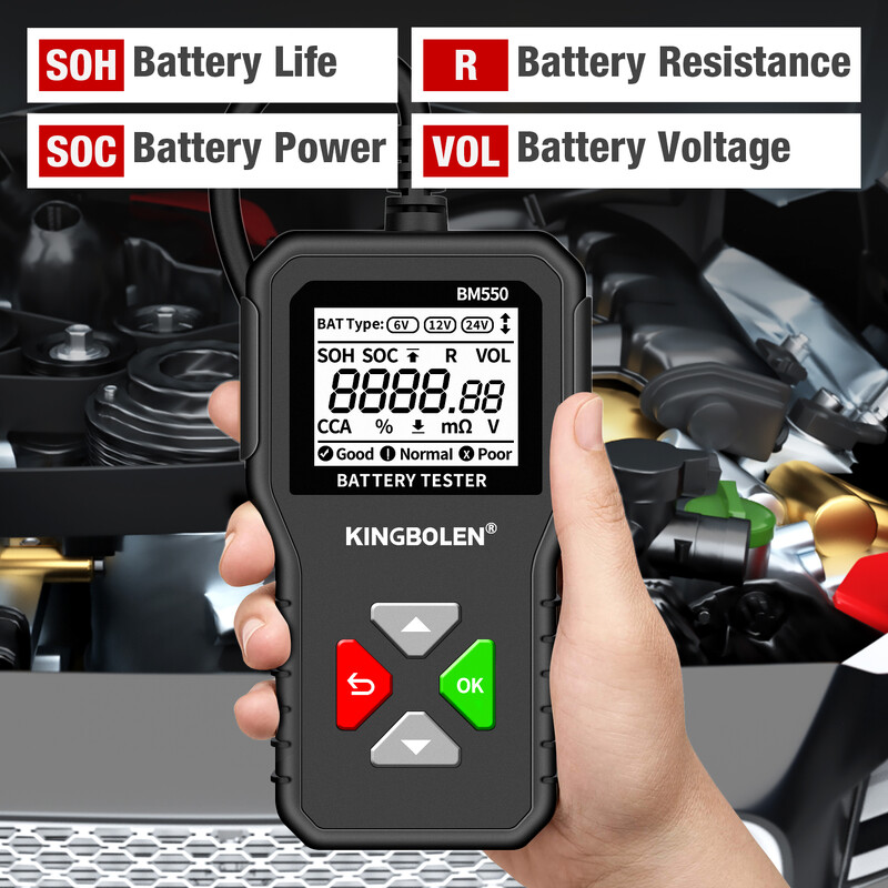 KINGBOLEN BM550, BM550 PLUS automašīnu akumulatoru testeris 6V 12V 24V akumulatoru sistēma Detect Auto Battery Analyzer Auto Battery Tool SOC SOH