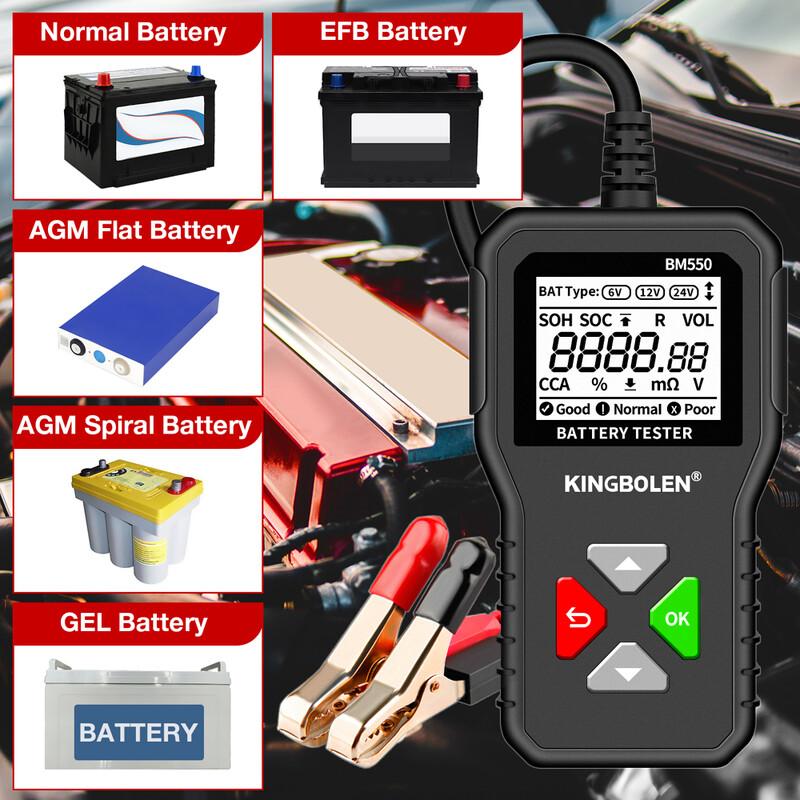 KINGBOLEN BM550, BM550 PLUS automašīnu akumulatoru testeris 6V 12V 24V akumulatoru sistēma Detect Auto Battery Analyzer Auto Battery Tool SOC SOH