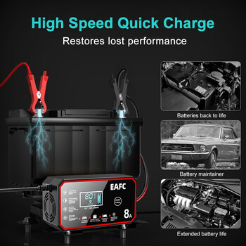 EAFC 12V 8A Smart Car Battery Charger Pulse Repair Quick Charge for Auto Moto AGM GEL WET Lead Acid LiFePO4 Battery Charging