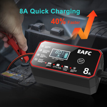 EAFC 12V 8A Smart Car Battery Charger Pulse Repair Quick Charge for Auto Moto AGM GEL WET Lead Acid LiFePO4 Battery Charging