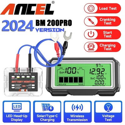 ANCEL BM200 PRO 12 V LED autoaku tester monitori pea-up ekraan veekindel SOH SOC laadimisaku mahu analüsaatori tööriistad