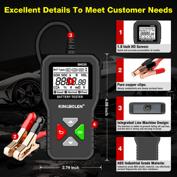 KINGBOLEN BM550 Car Battery Tester 6V 12V 24V Detect Auto Battery Analyzer 100-2000 CCA Battery Waveform Car Battery Car