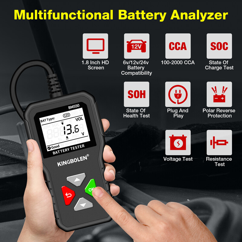 KINGBOLEN BM550 autóakkumulátor teszter 6V 12V 24V Detect Auto Battery Analyzer 100-2000 CCA akkumulátor hullámformájú autóakkumulátor eszköz