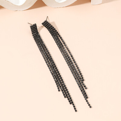 FYUAN Cercei lungi cu ciucuri de modă pentru femei, cercei suspendați cu strasuri negre, bijuterii pentru petrecerea de nuntă