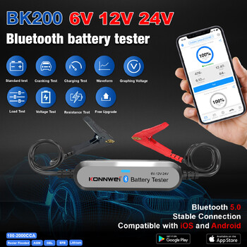 KONNWEI BK100 BK200 6V 12V 24V Bluetooth 5.0 Δοκιμαστής μπαταρίας φορτηγού αυτοκινήτου Οθόνη κυματομορφής 100-2000 CCA Charging Cranking Test Tools