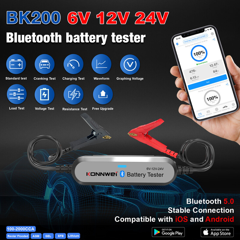 KONNWEI BK100 BK200 6V 12V 24V Bluetooth 5.0 Automobilių sunkvežimių akumuliatoriaus tikrinimo bangos formos monitorius 100-2000 CCA įkrovimo sukimo bandymo įrankiai