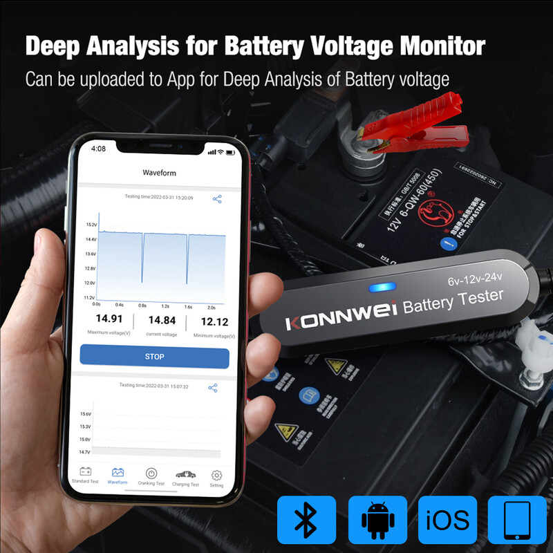 KONNWEI BK100 BK200 6V 12V 24V Bluetooth 5.0 Automobilių sunkvežimių akumuliatoriaus tikrinimo bangos formos monitorius 100-2000 CCA įkrovimo sukimo bandymo įrankiai