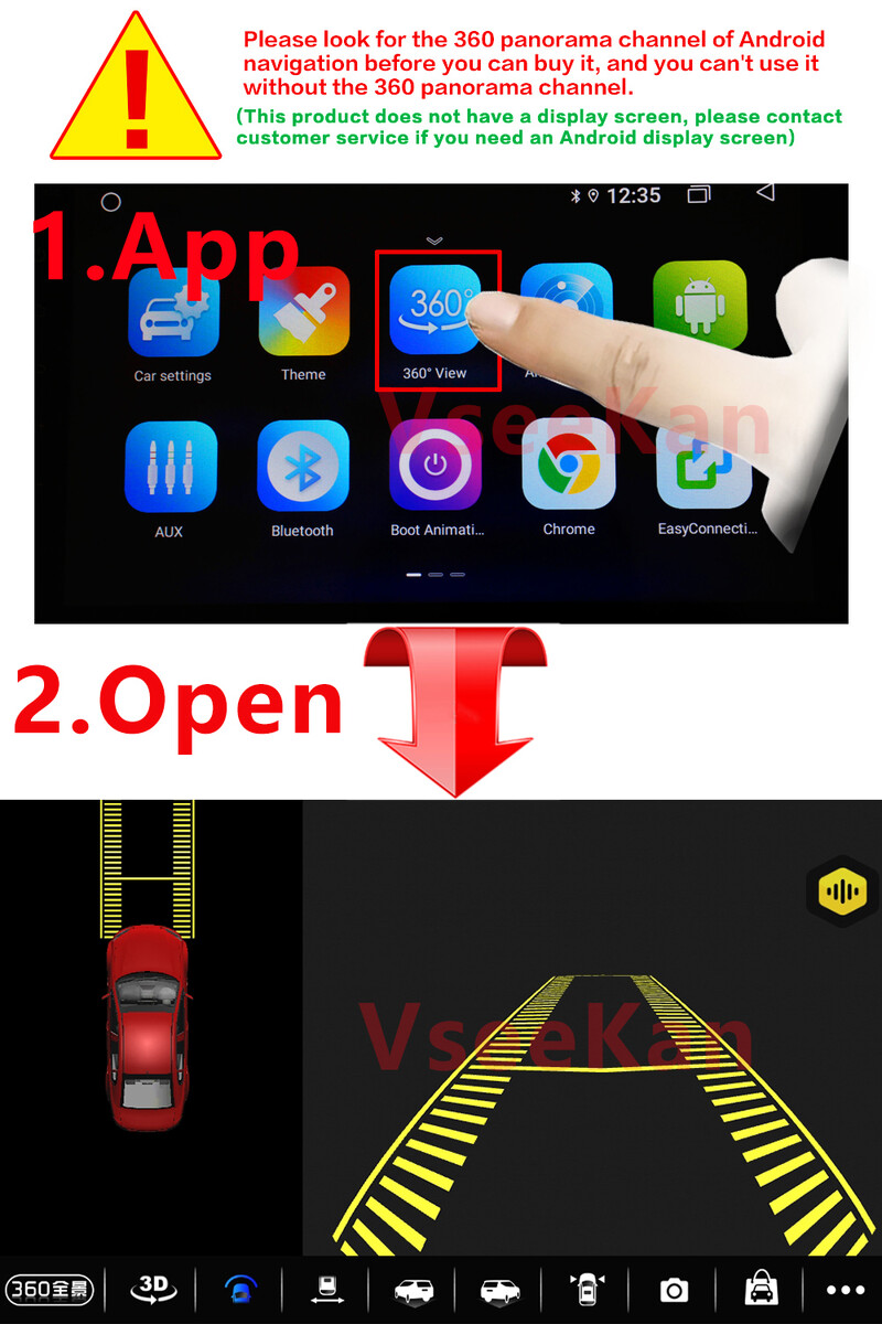 Automobiliui „Android“ daugialypės terpės sistemos 360 kamera ir tik „Android“ daugialypės terpės sistema su įmontuota 360 laipsnių funkcija, priekyje