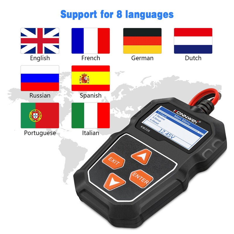 KONNWEI KW208 12V automobilio akumuliatoriaus testeris 2000CCA 12 voltų akumuliatoriaus įrankiai automatinio greito sukimo įkrovimo diagnostikos įrankio duomenų peržiūra