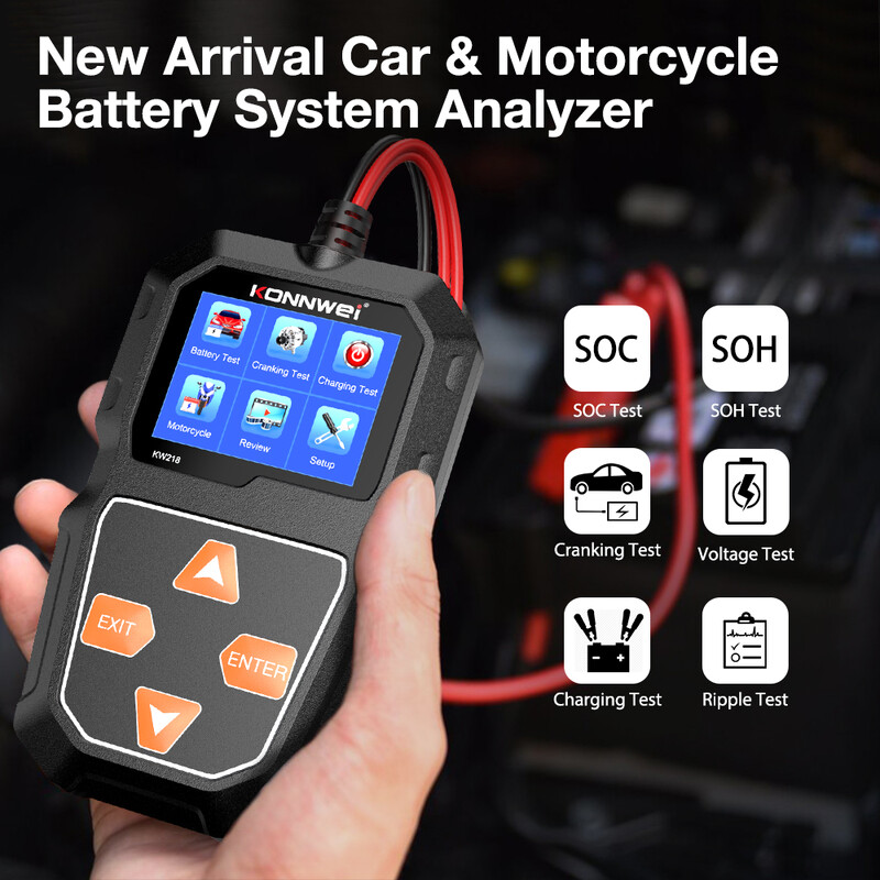 KONNWEI KW218 automobilio motociklo akumuliatoriaus testeris 12V 6V akumuliatoriaus sistemos analizatorius 2000CCA įkrovimo sukimosi testavimo įrankiai automobiliui