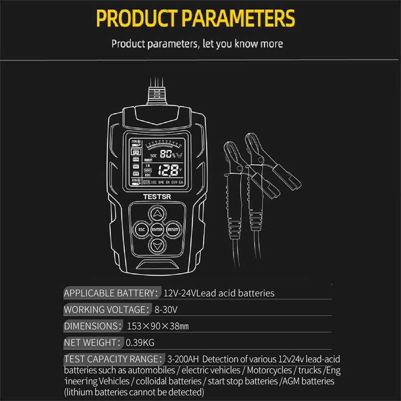 12V 24V automobilio akumuliatoriaus testeris LCD akumuliatoriaus analizatoriaus testavimo įrankis Skaitmeninis analizatoriaus testeris CCA IR SOH Matavimas, skirtas visureigiui