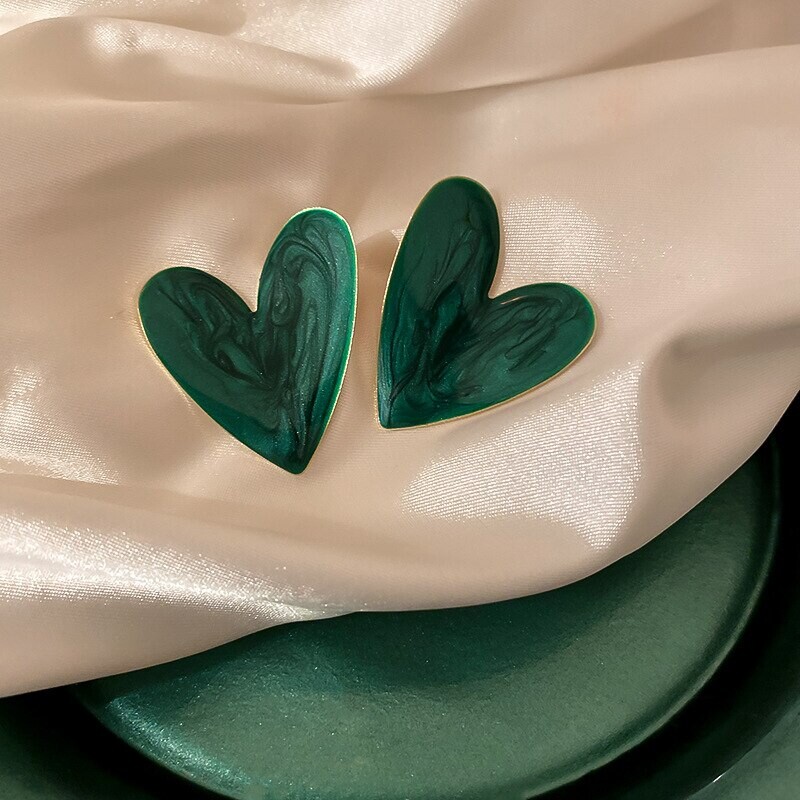 Cercei cu inimă mare, dragoste, pentru femei, fete, minimaliste, alb, verde, model de culoare, graffiti, glazură, cercei, bijuterii estetice