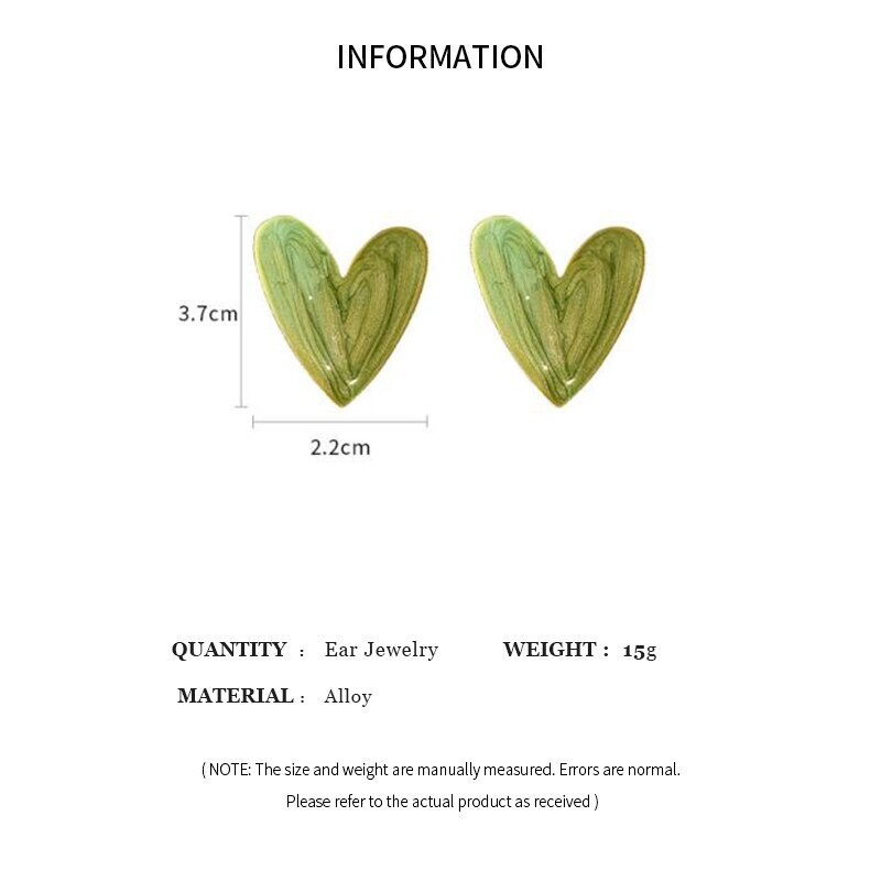 Cercei cu inimă mare, dragoste, pentru femei, fete, minimaliste, alb, verde, model de culoare, graffiti, glazură, cercei, bijuterii estetice