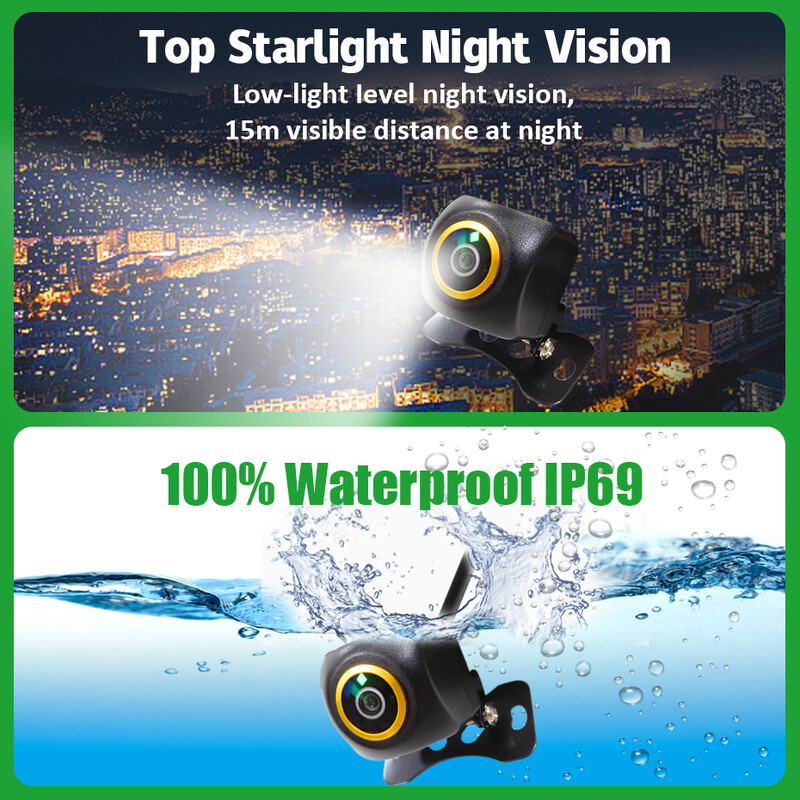Wondefoo universali AHD 180 laipsnių galinio vaizdo kamera Automobilio atsarginė atbulinė kamera Fish Eyes Naktinio matymo statymo pagalbos kamera