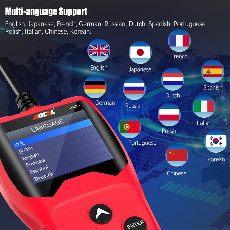 Ancel BA201 automobilio akumuliatoriaus testeris 12V nuo 100 iki 2000CCA 12 voltų akumuliatoriaus įrankiai, skirti automobilio greito sukimosi įkrovimo diagnostikos testeriui