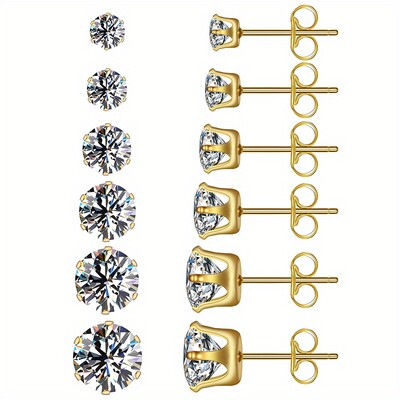 6 poros / rinkinys 3-8 mm nerūdijančio plieno auskarai su putojančiu hipoalerginiu kubiniu cirkoniu vyrams ir moterims