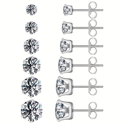 6 poros / rinkinys 3-8 mm nerūdijančio plieno auskarai su putojančiu hipoalerginiu kubiniu cirkoniu vyrams ir moterims