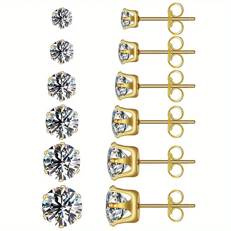 6 poros / rinkinys 3-8 mm nerūdijančio plieno auskarai su putojančiu hipoalerginiu kubiniu cirkoniu vyrams ir moterims