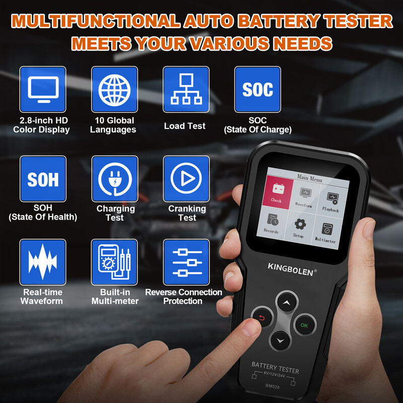 KINGBOLEN BM520 6V 12V 24V tester autobatérií, testovací nástroj na batérie nákladných vozidiel, 12-voltový analyzátor batérií, test štartovania PK KW600