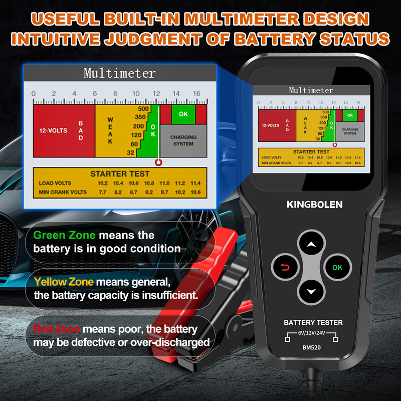 KINGBOLEN BM520 6V 12V 24V tester autobatérií, testovací nástroj na batérie nákladných vozidiel, 12-voltový analyzátor batérií, test štartovania PK KW600