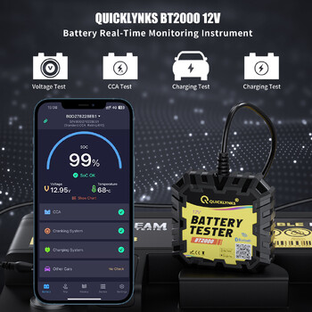 QUICKLYNKS BT2000 Bluetooth 12V Οθόνη μπαταρίας Δοκιμή φόρτισης μπαταρίας αυτοκινήτου Εργαλεία δοκιμής αναλυτή μπαταρίας για Android IOS