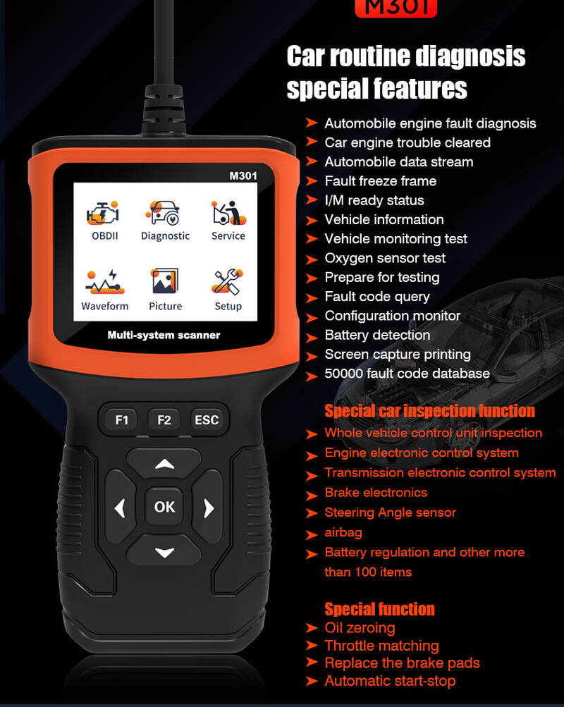 1 PC M301 automobilio gedimų diagnostikos prietaisas variklio testeris OBD 2 aptikimo įrankio kodo skaitymo kortelė ABS oro pagalvė