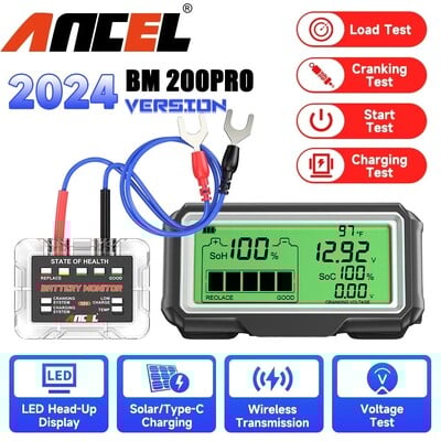 ANCEL BM200 PRO 12V LED automobilio akumuliatoriaus testeris monitoriaus ekranas vandeniui atsparus SOH SOC įkrovimo akumuliatoriaus talpos analizatoriaus įrankiai