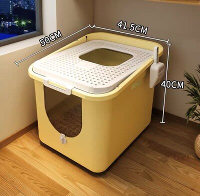 Kaķu pakaišu panna Pilnībā slēgta augšpusē, lielizmēra spainītis kaķu pakaišu kastei, šļakatu necaurlaidīgi kaķu pakaišu piederumi, augšā izvelkama kaķu pakaišu panna