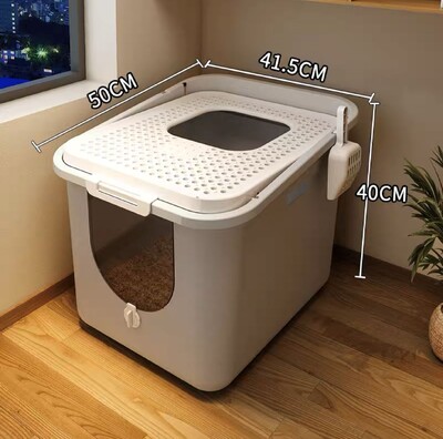 Kaķu pakaišu panna Pilnībā slēgta augšpusē, lielizmēra spainītis kaķu pakaišu kastei, šļakatu necaurlaidīgi kaķu pakaišu piederumi, augšā izvelkama kaķu pakaišu panna