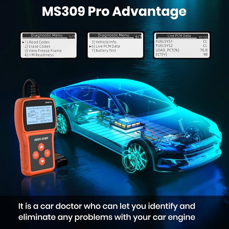 MS309 Pro OBD2 skaitytuvas su variklio kodo skaitytuvu, akumuliatoriaus testeriu, išvalykite gedimų kodus, OBDII skaitytuvo diagnostikos įrankį automobiliui