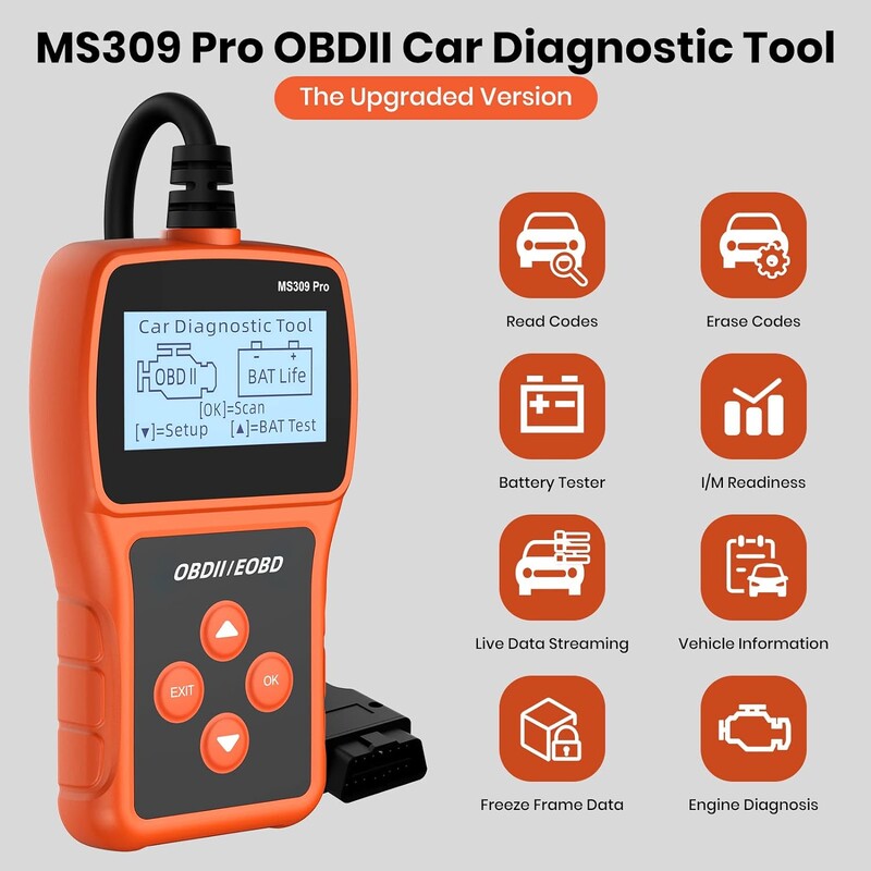 MS309 Pro OBD2 skaitytuvas su variklio kodo skaitytuvu, akumuliatoriaus testeriu, išvalykite gedimų kodus, OBDII skaitytuvo diagnostikos įrankį automobiliui