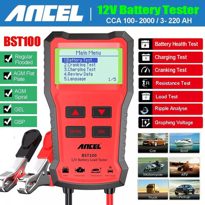 ANCEL BST100 12V pinge aku tester analüsaator digitaalne 220Ah 2000CCA autoaku kontrollija koos väntamise ja laadimise akuga