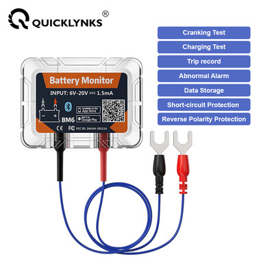 QUICKLYNKS BM6 12V тестер за автомобилна батерия Монитор за Bluetooth батерия Здраве Анализатор на натоварването на батерията за литиеви и оловно-киселинни батерии