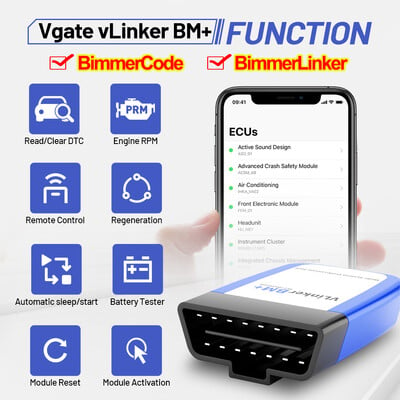 Vgate vLinker BM+ ELM327 V2.2 BT 4.0 wifi skirtas BMW skaitytuvui OBD 2 OBD2 automobilių diagnostikos automatinis įrankis ELM 327 ODB2 Bimmercode