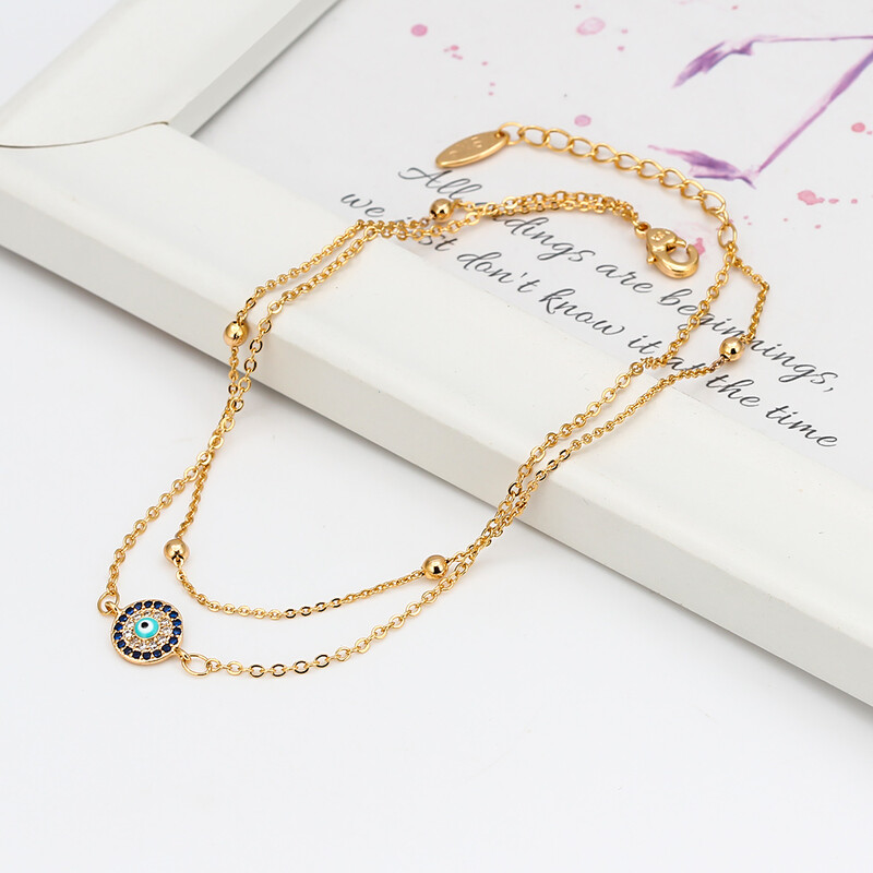 Lucky Eye Copper Circon Turkish Evil Eye Charm Potītes Regulējama Divslāņu Pēdas Ķēdes Potīte Sieviešu Meiteņu Pludmales Rotaslietas