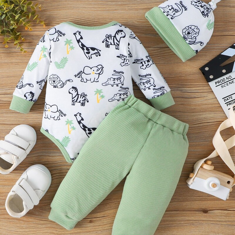 Trīsdaļīgs apdrukāts zīdaiņu un mazuļu apģērbu komplekts un jaundzimušā bikses